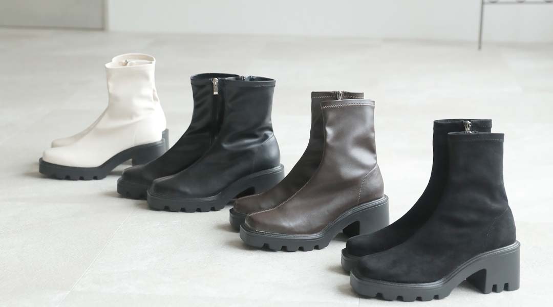 スクエアトゥ厚底ストレッチショートブーツ