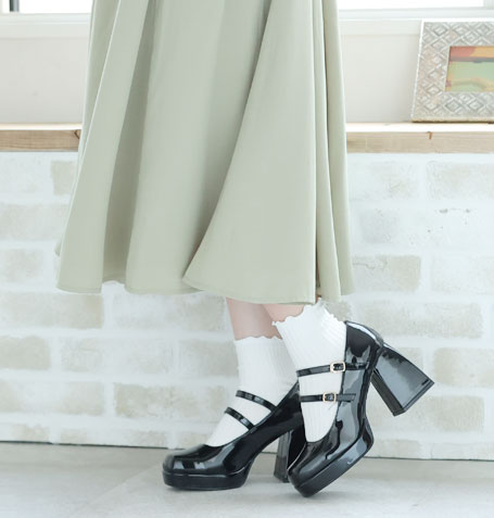 厚底プラットフォームダブルストラップパンプス