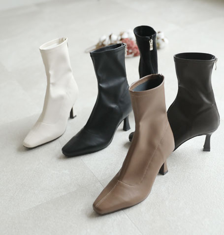 スクエアトゥバックファスナーストレッチショートブーツ