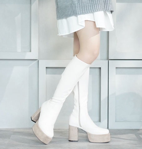 スクエアトゥ厚底プラットフォームストレッチロングブーツ