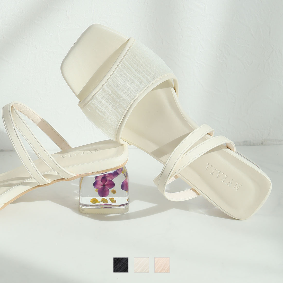 シアープリーツクリアヒールミュールサンダル