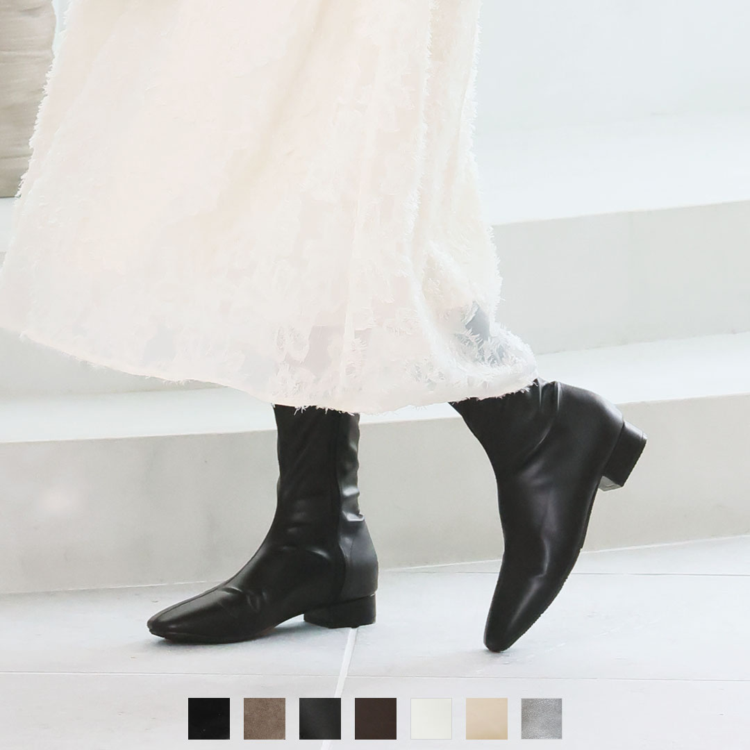 スクエアトゥローヒールストレッチミドルブーツ