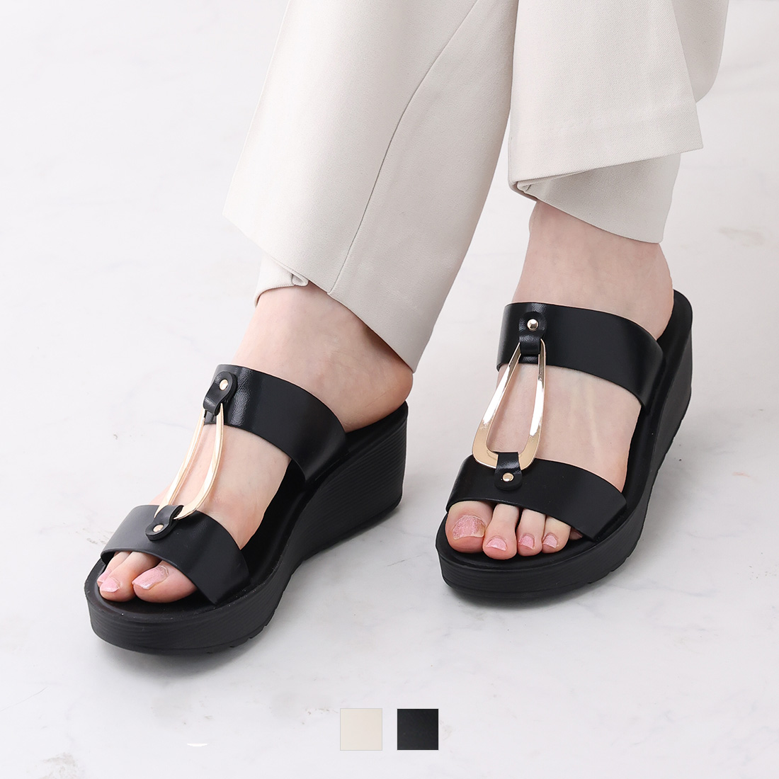 ゴールドモチーフウェッジコンフォートサンダル