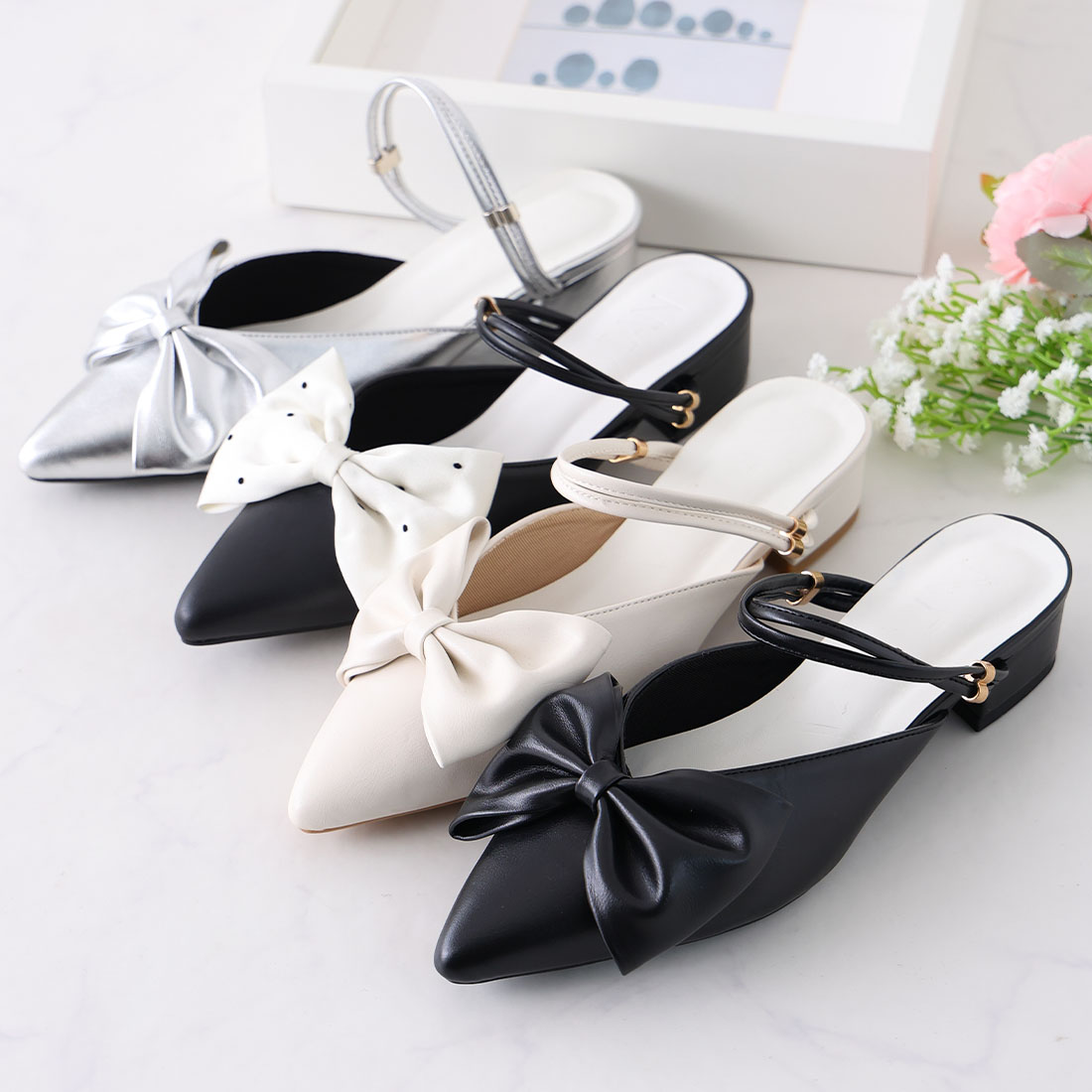 2WAYポインテッドトゥリボンストラップミュールパンプス