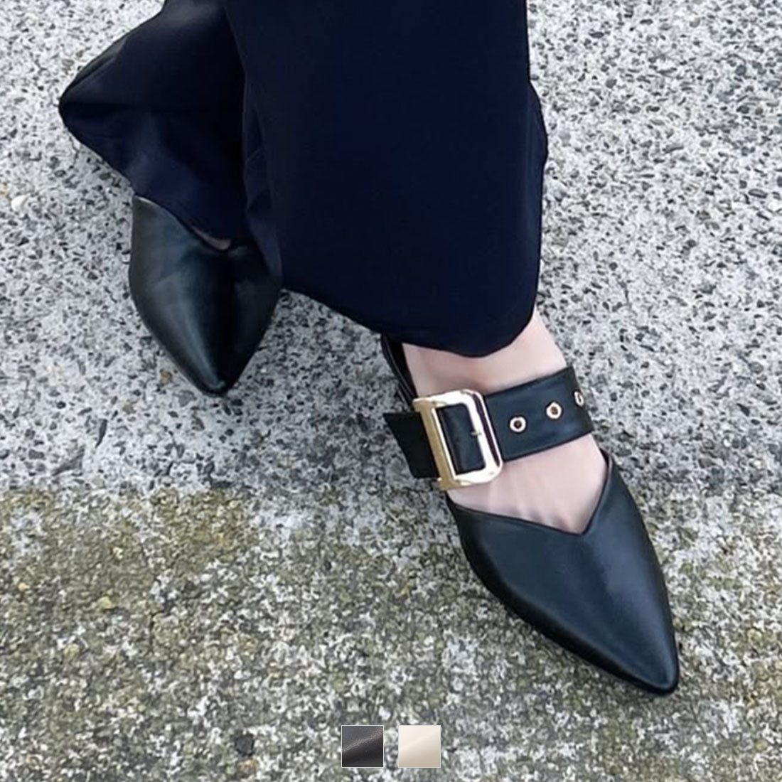 ポインテッドトゥVカットバックルベルトミュールパンプス