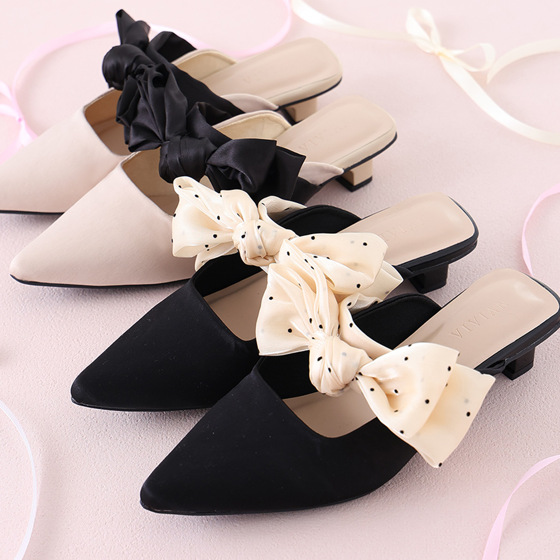 リボンミュールパンプス