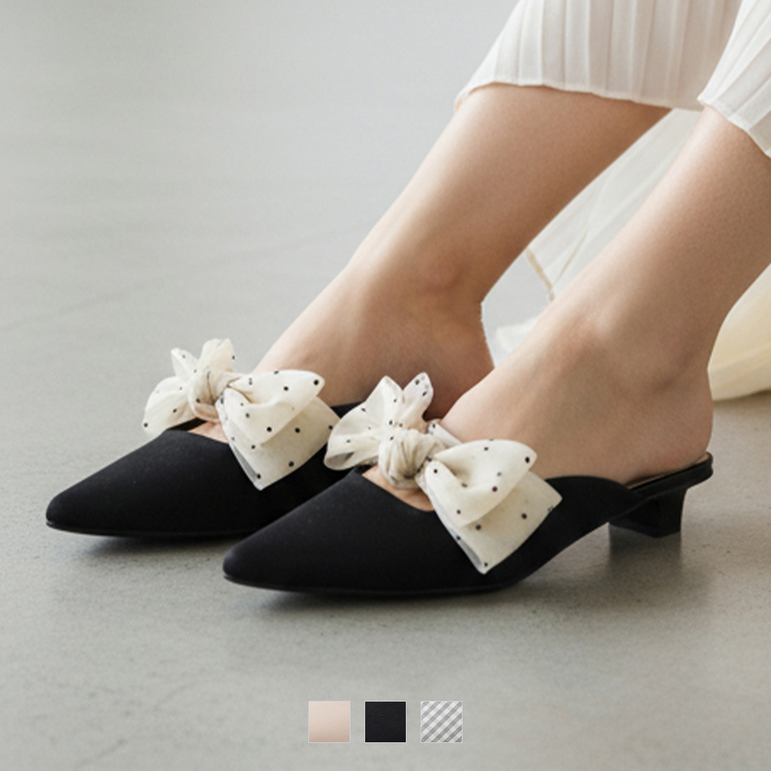 リボンミュールパンプス