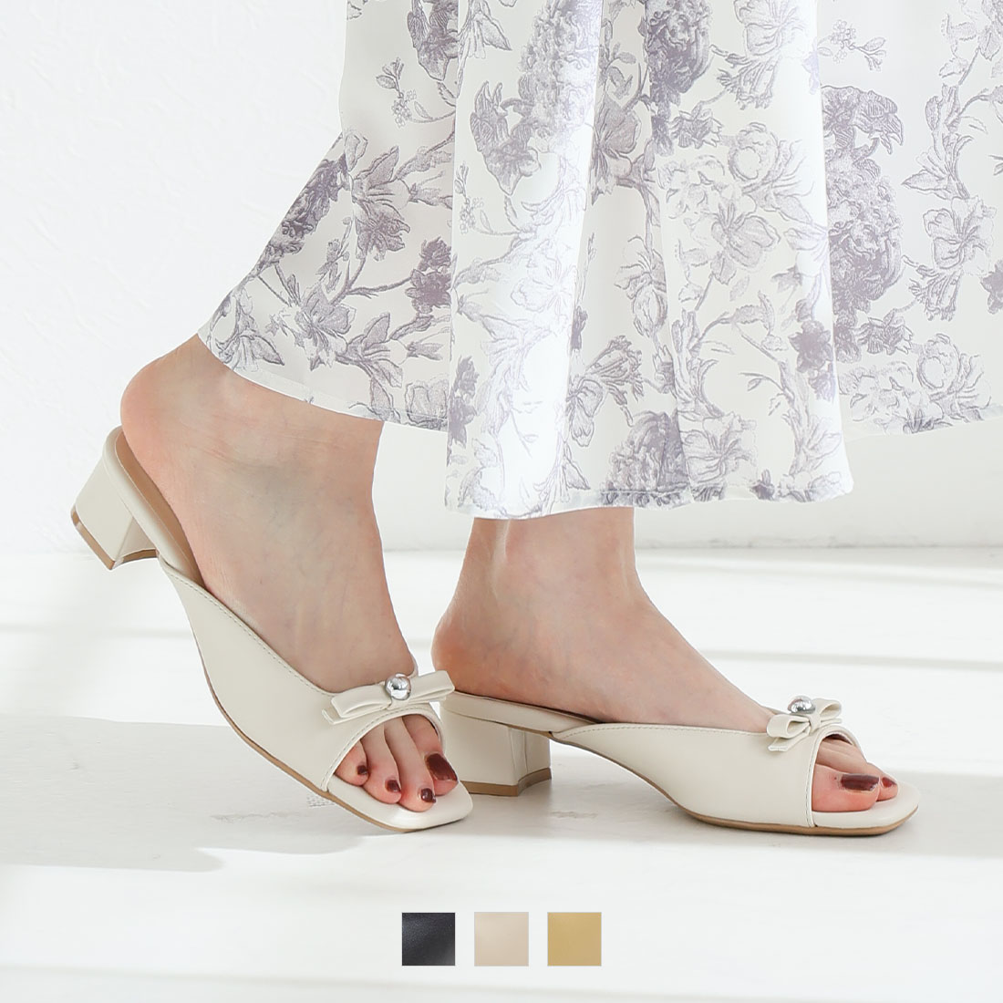 リボンメタルパーツミュールサンダル