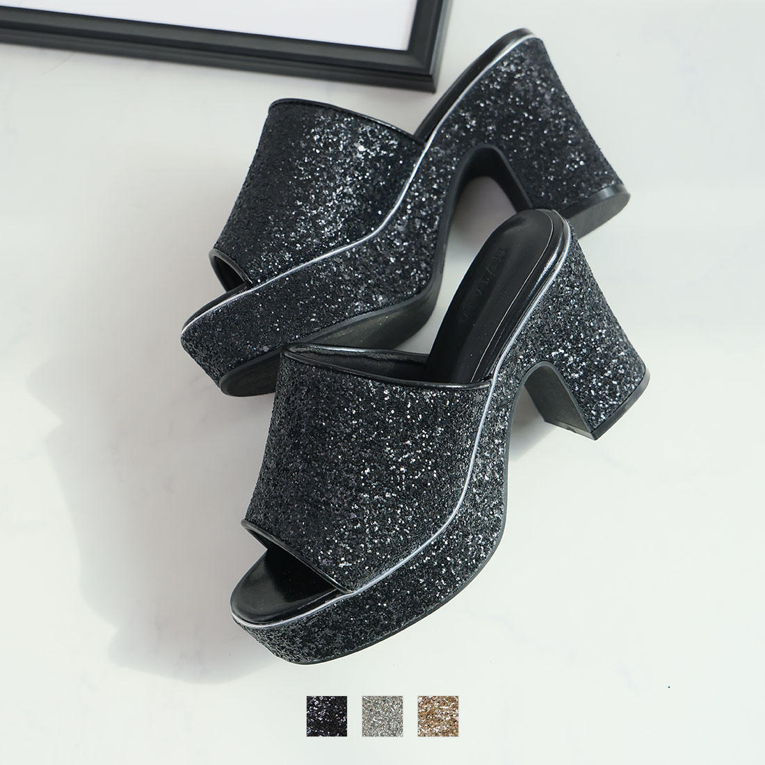 キラキラグリッター厚底プラットフォームミュールサンダル