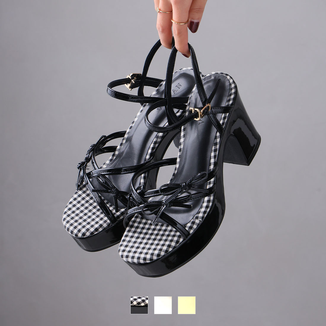 トリプルリボン厚底プラットフォームストラップサンダル