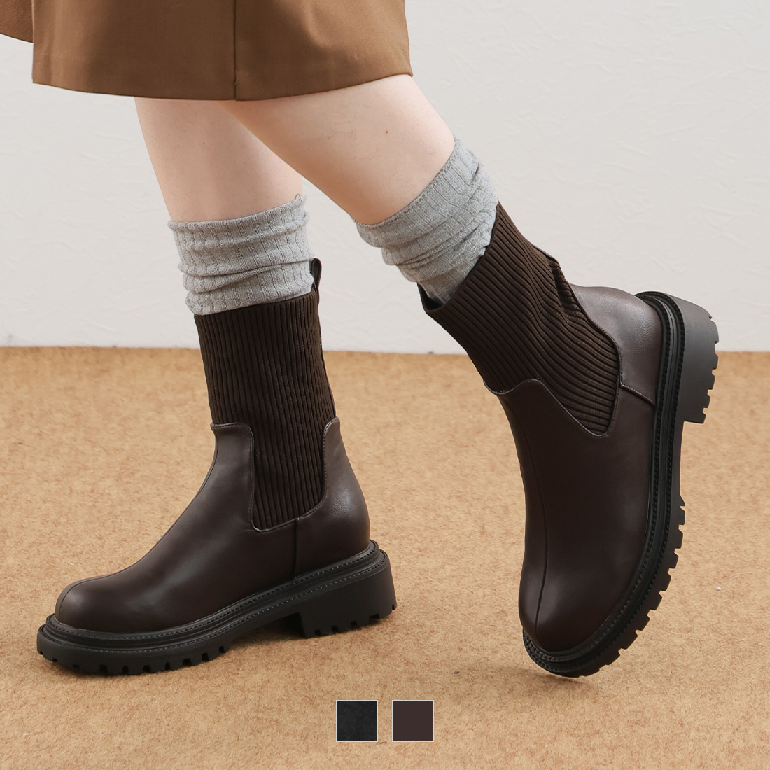 厚底リブニットブーツ