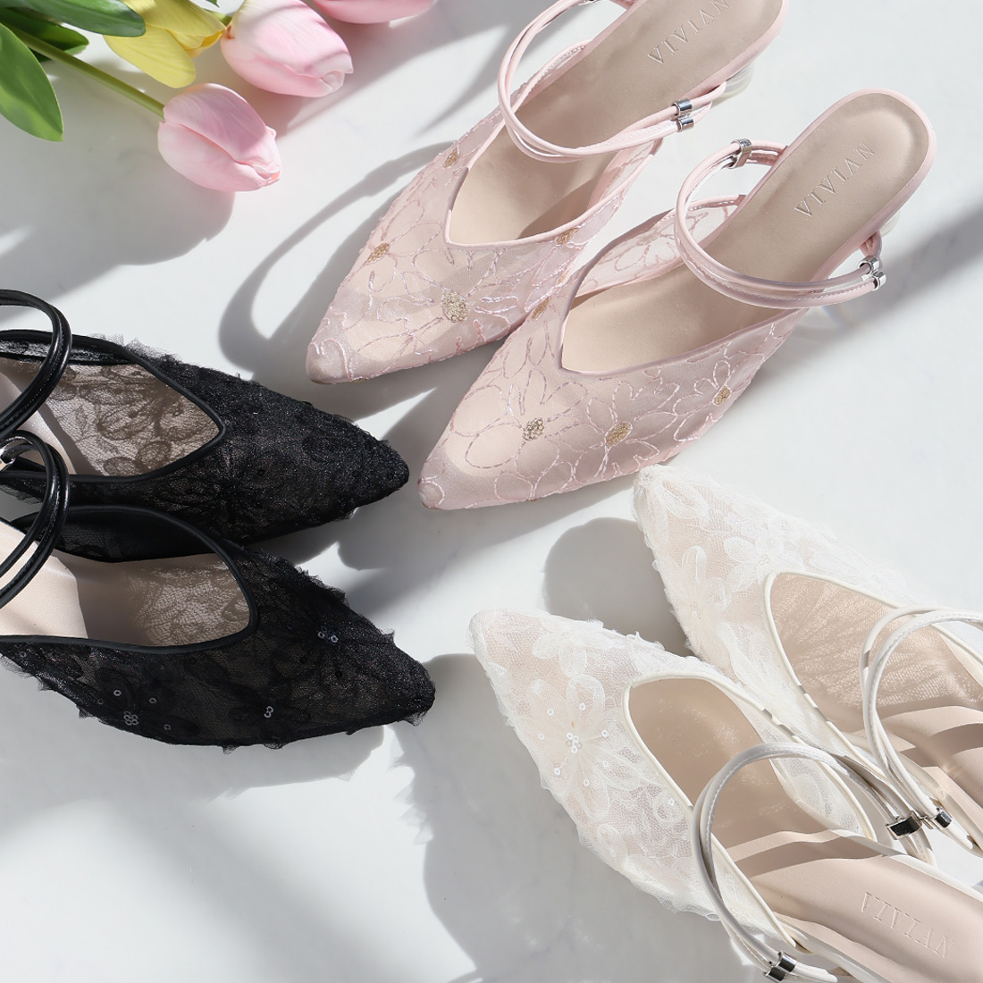 シアーフラワーレース2WAYクリアヒールパンプス