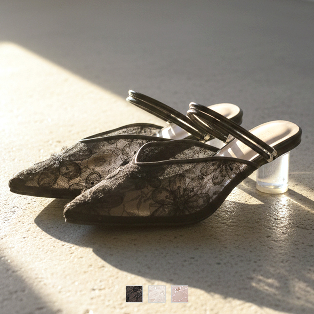 シアーフラワーレース2WAYクリアヒールパンプス