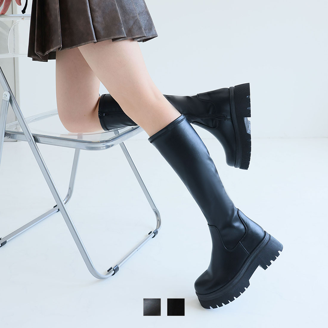 厚底フィットストレッチロングブーツ