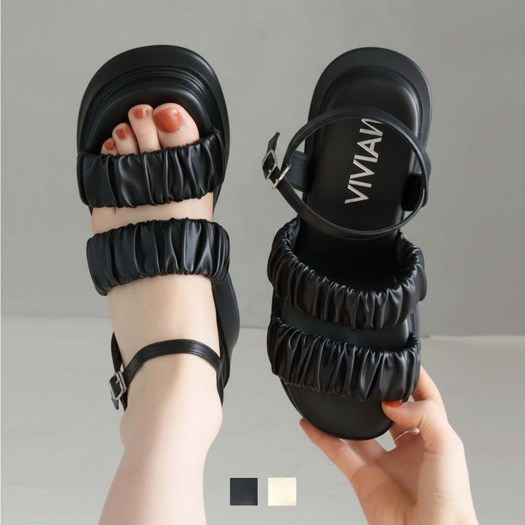 厚底ダブルギャザーベルトストラップサンダル