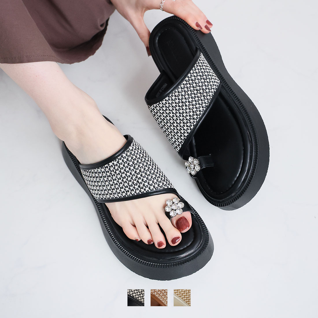 キラキラフラワービジュー厚底トングサンダル