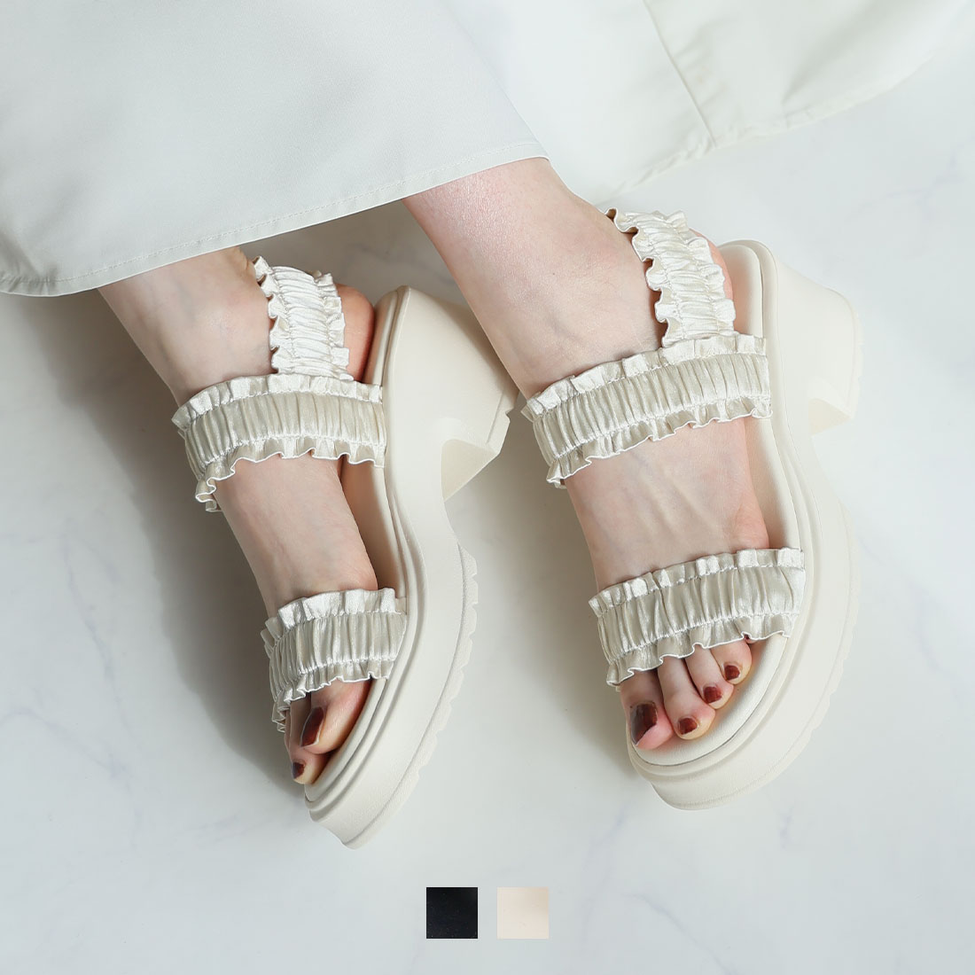 フリルギャザー厚底サンダル