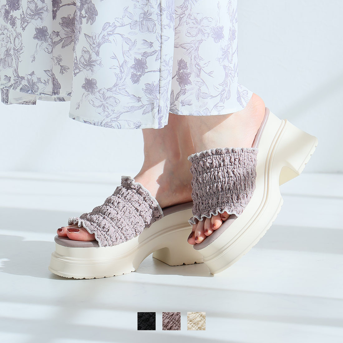 フリルギャザー厚底プラットフォームミュールサンダル