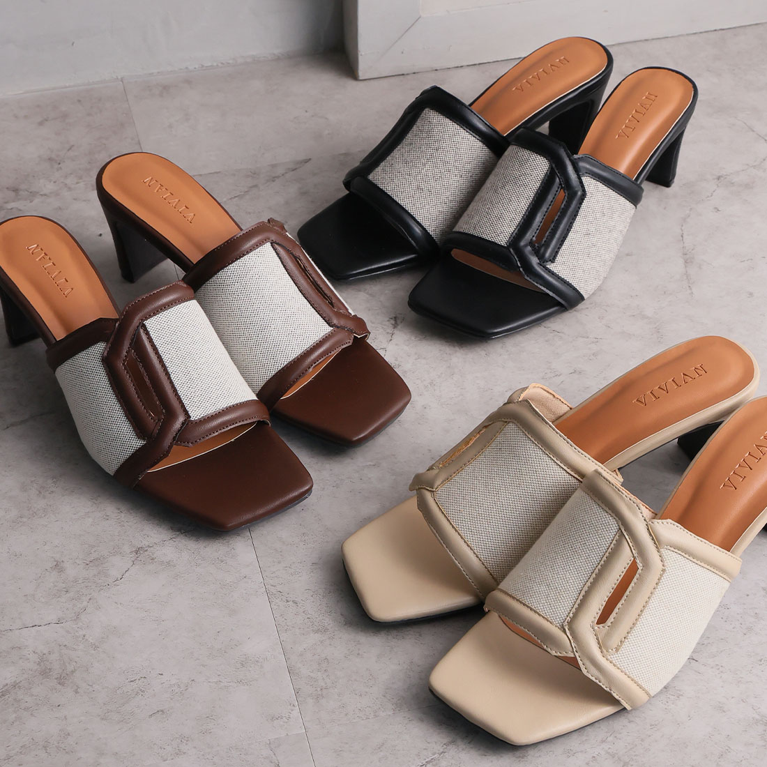 カットアウト異素材コンビミュールサンダル