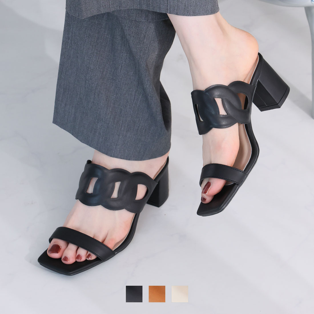 スクエアトゥカットワークミュールサンダル