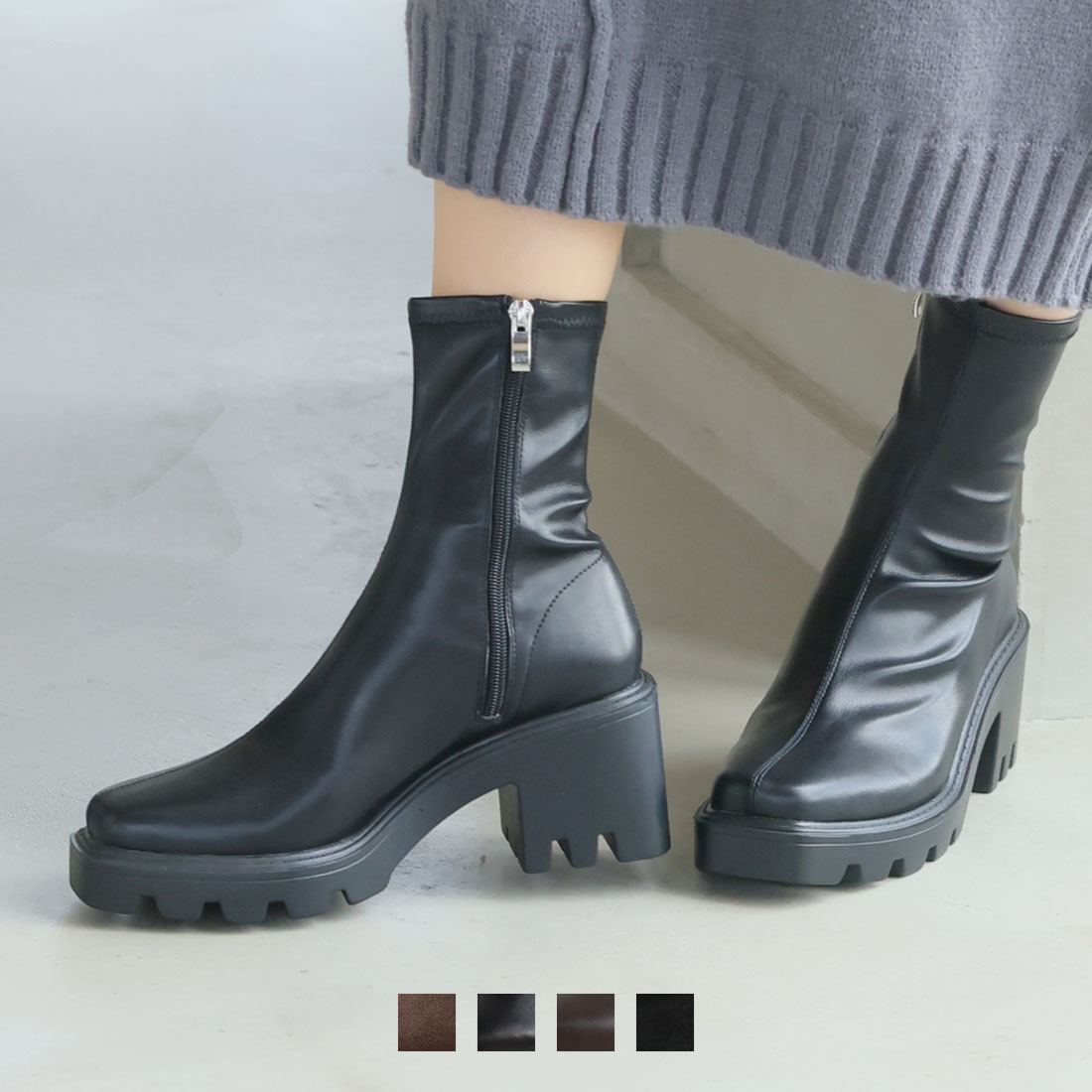 スクエアトゥ厚底ストレッチショートブーツ