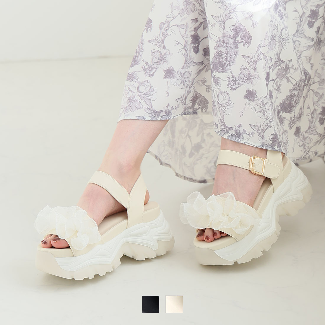 シアーフリル厚底ストラップスポーツサンダル