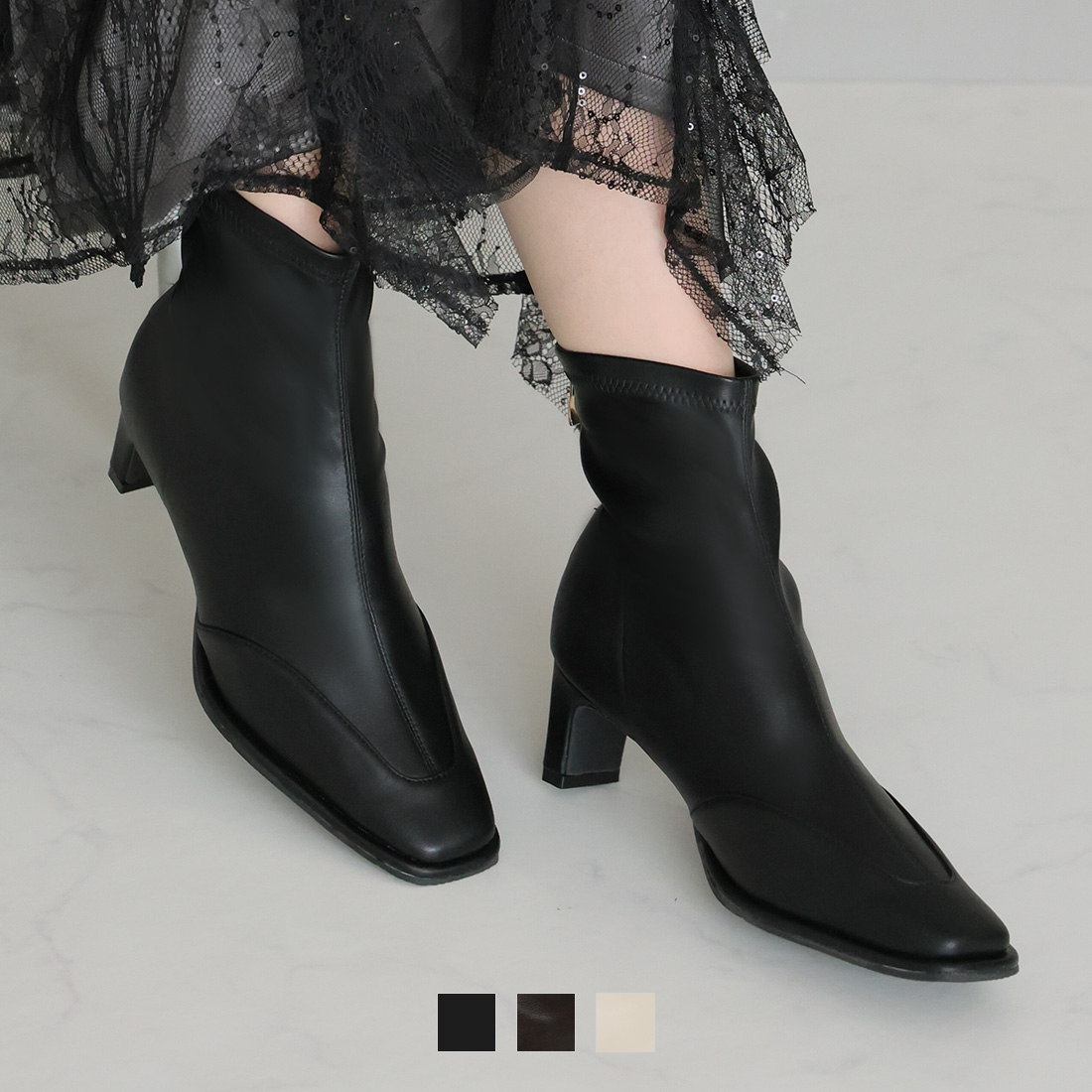 ピース付きプレートヒールストレッチブーツ