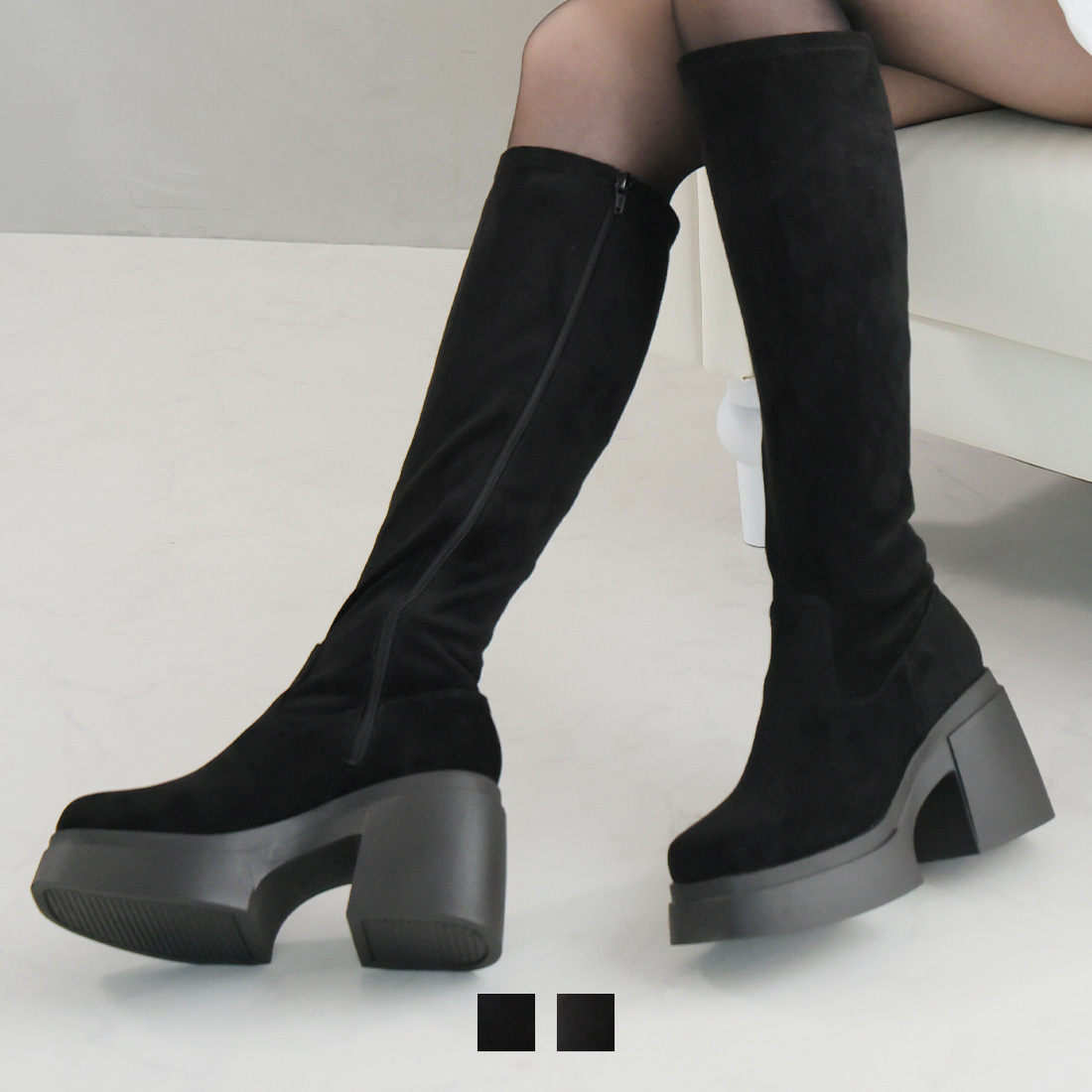 厚底チャンキーヒールストレッチロングブーツ