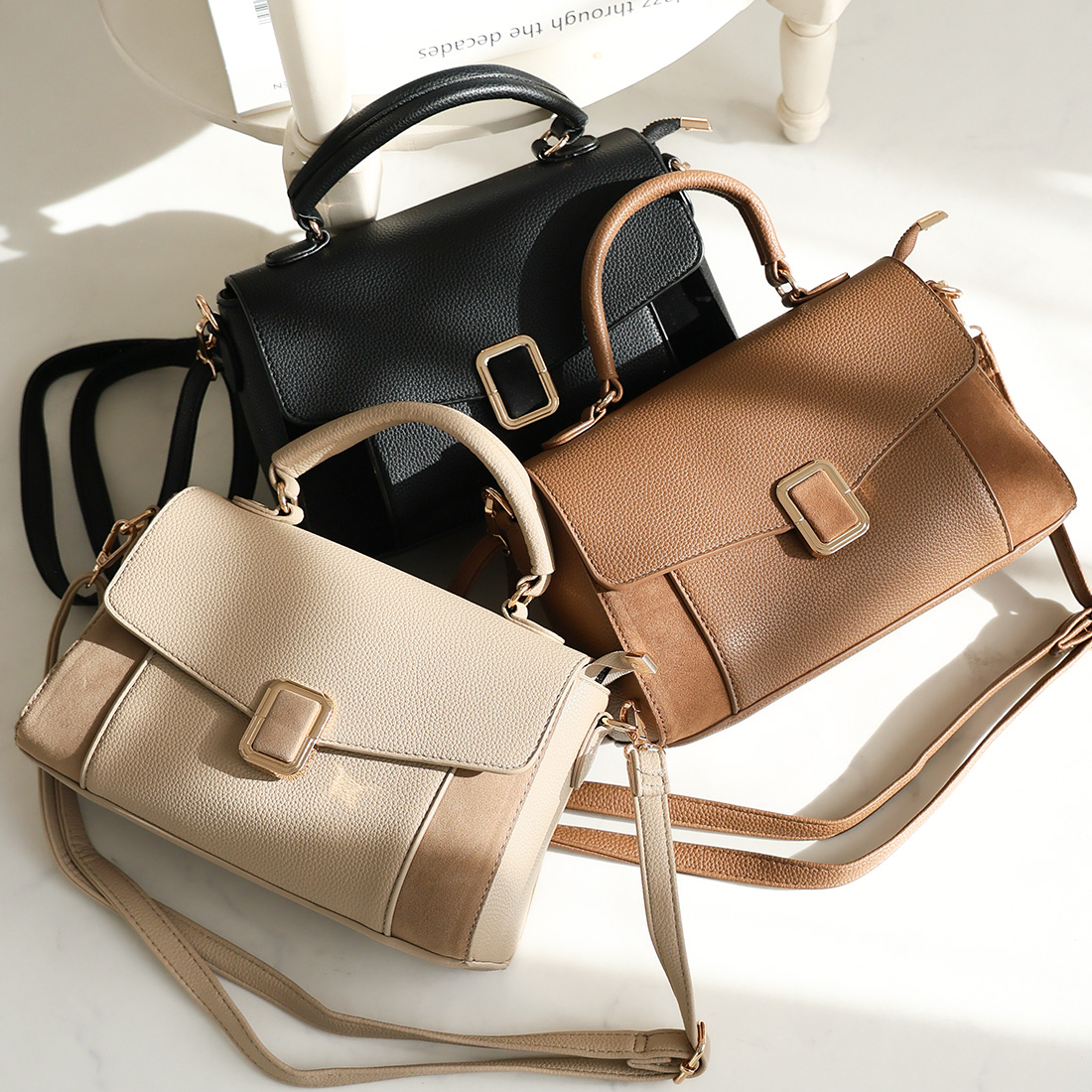 バックル付き異素材コンビフラップ2WAYバッグ