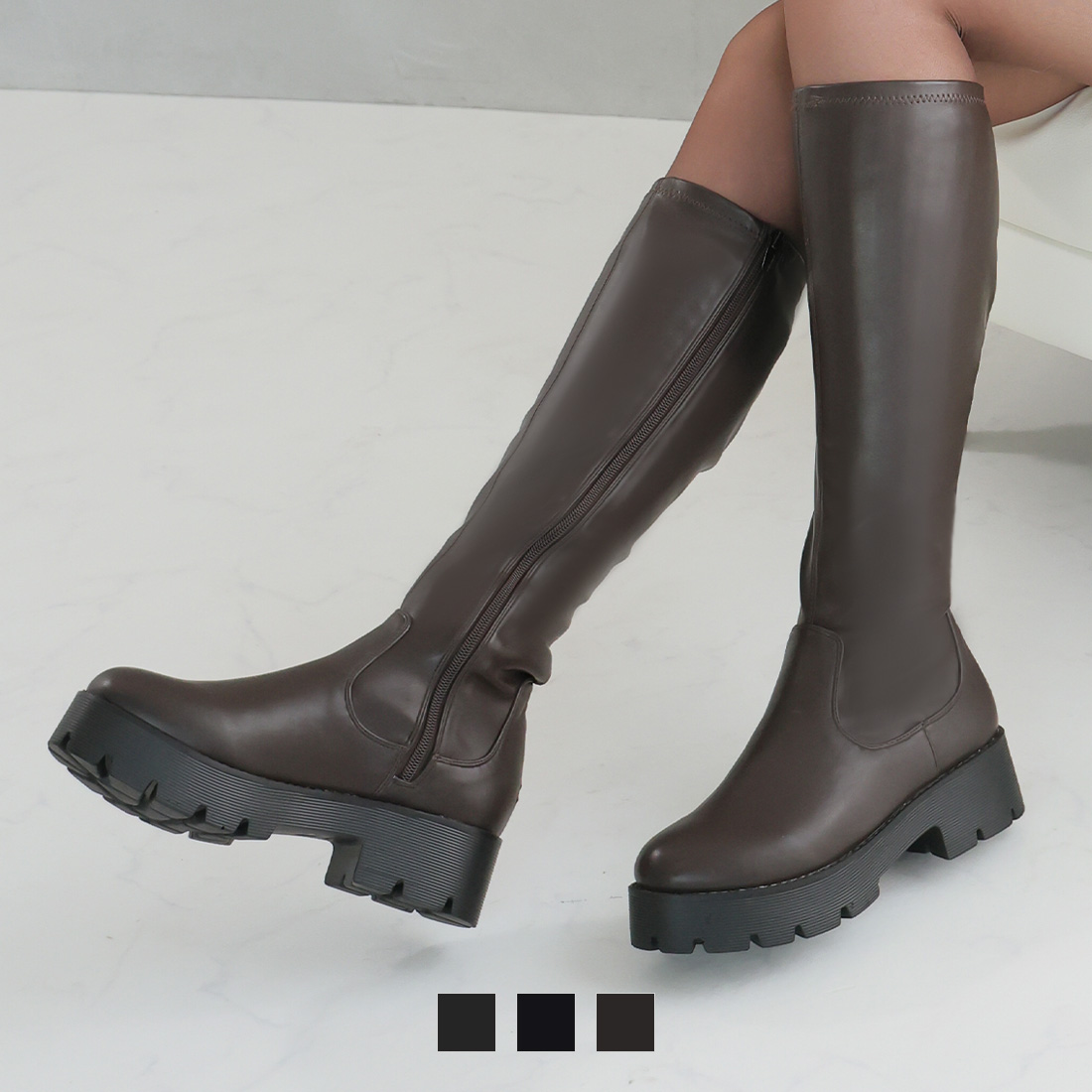 厚底ストレッチロングブーツ