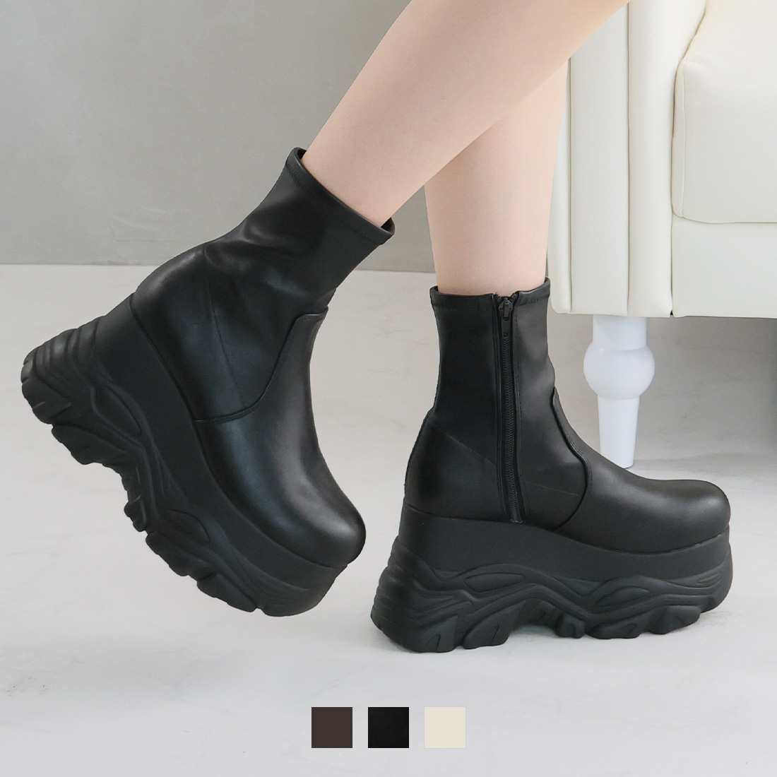 厚底ボリュームソールストレッチスニーカーショートブーツ