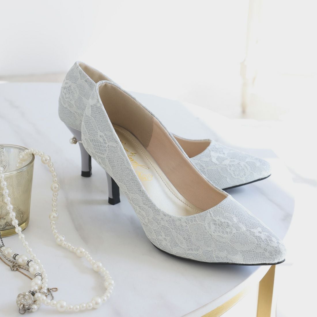 パールリング付きヒールレースグリッターパンプス ｜靴・レディース