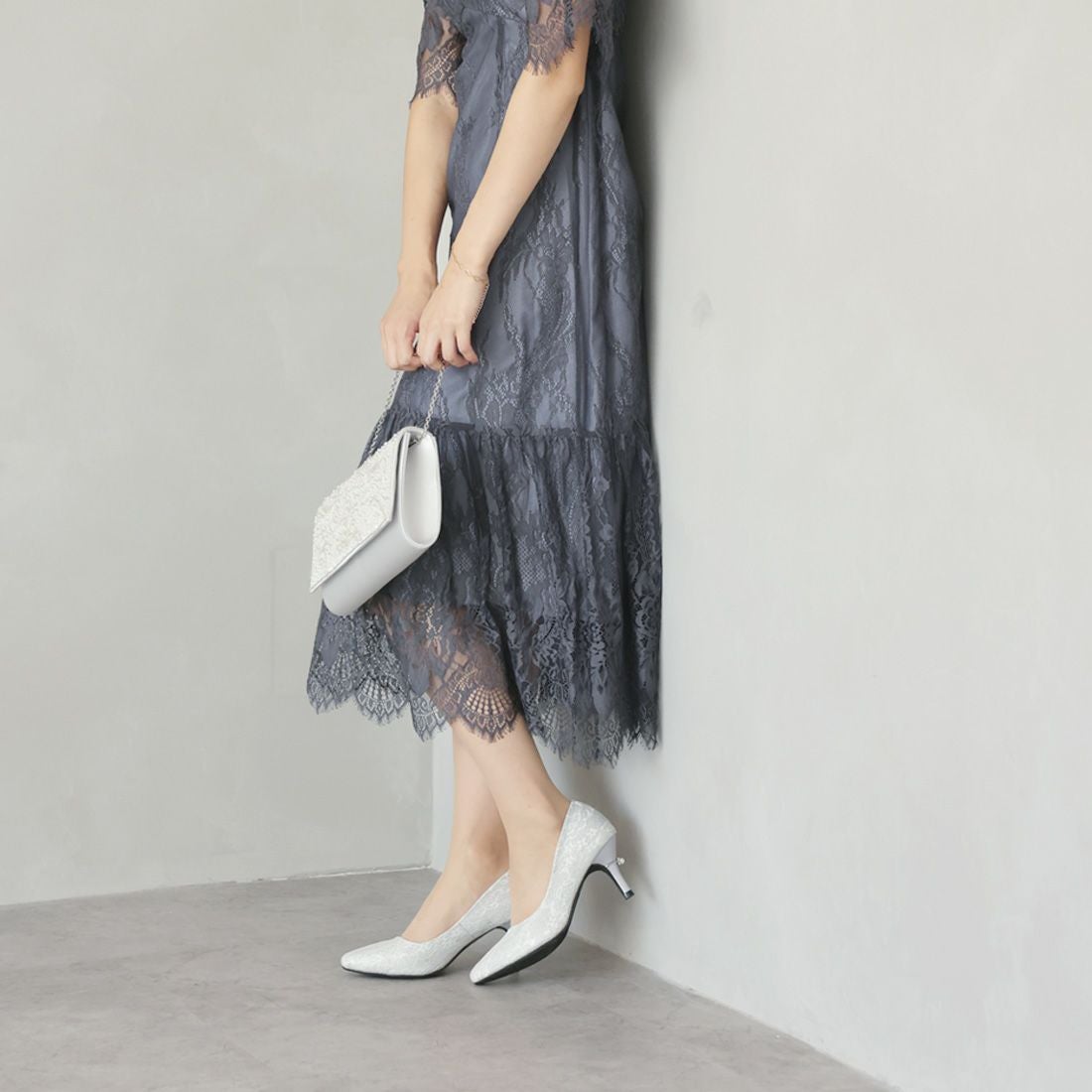 パールリング付きヒールレースグリッターパンプス ｜靴・レディース