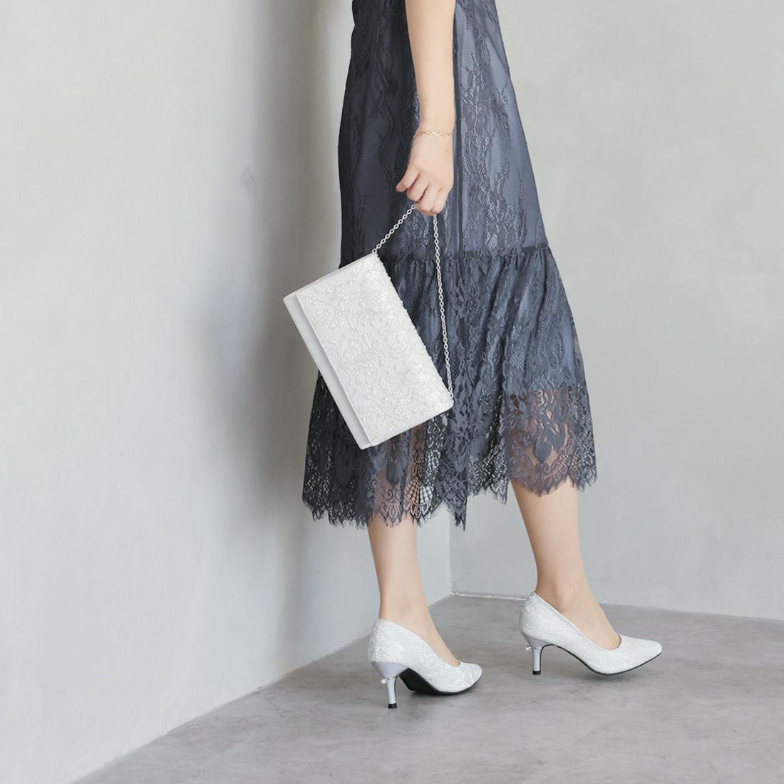 パールリング付きヒールレースグリッターパンプス ｜靴・レディース