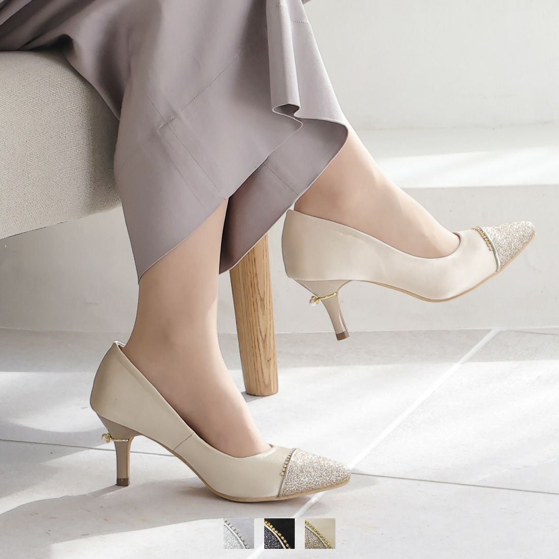 パールリング付きヒールビジューレーングリッターパンプス ｜靴