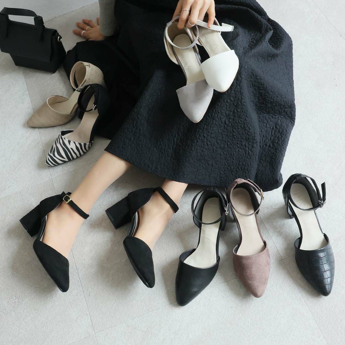 チャンキーヒールセパレートアンクルストラップパンプス ｜靴