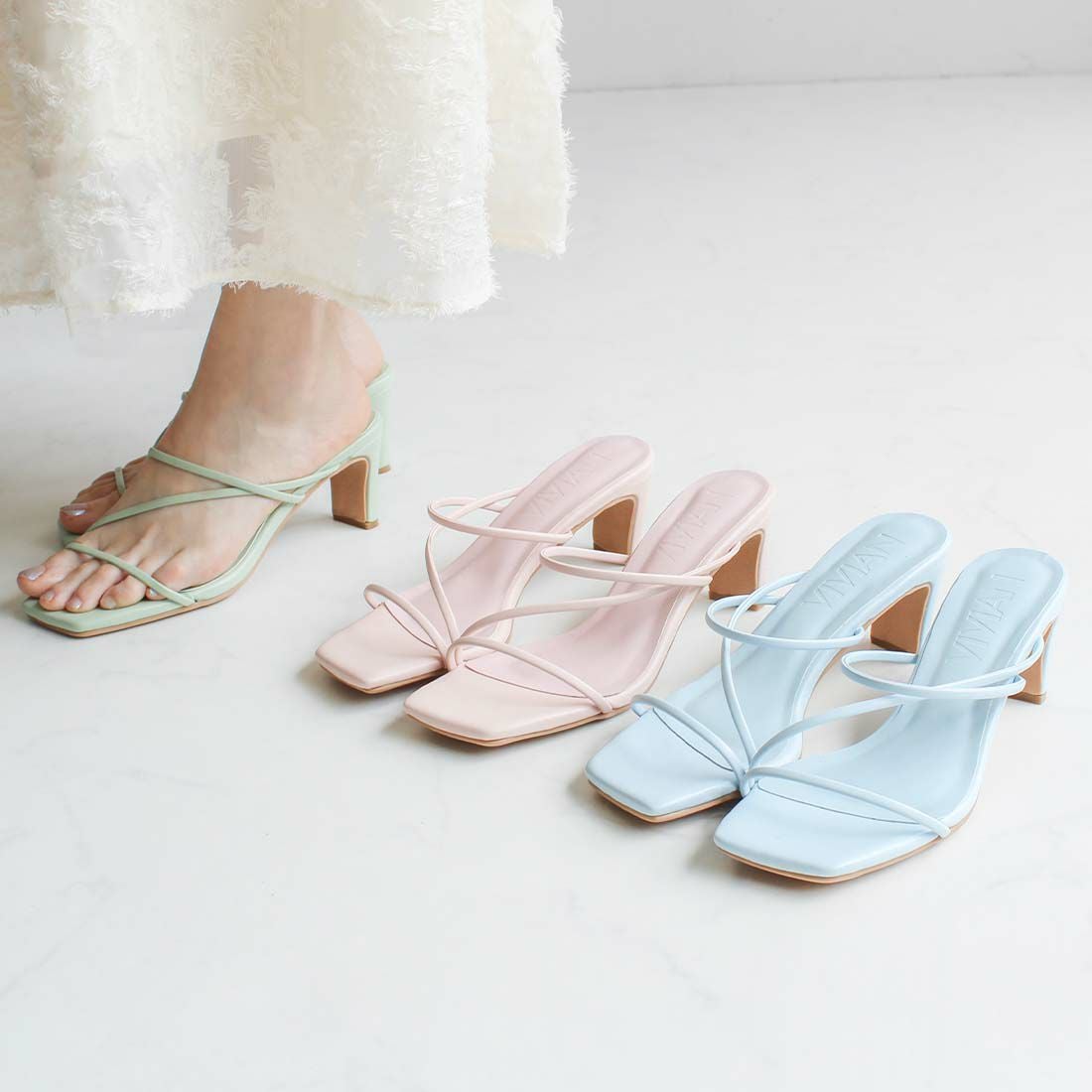 2025年新色追加】スクエアトゥアシメ華奢ストラップヒールサンダル