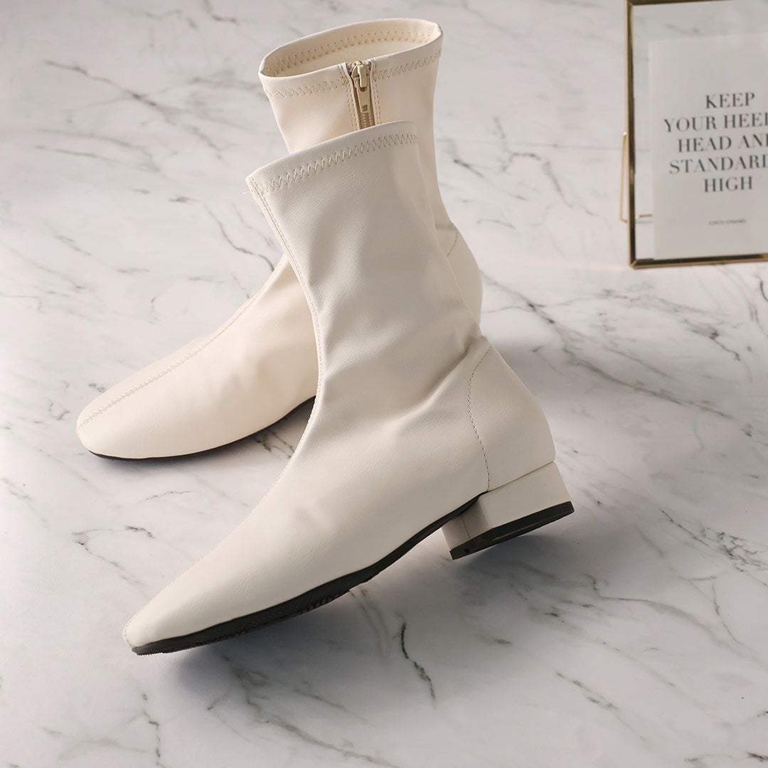 3cmヒール/スクエアトゥローヒールストレッチミドルブーツ ｜靴