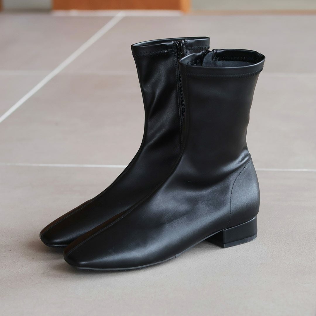 3cmヒール/スクエアトゥローヒールストレッチミドルブーツ ｜靴