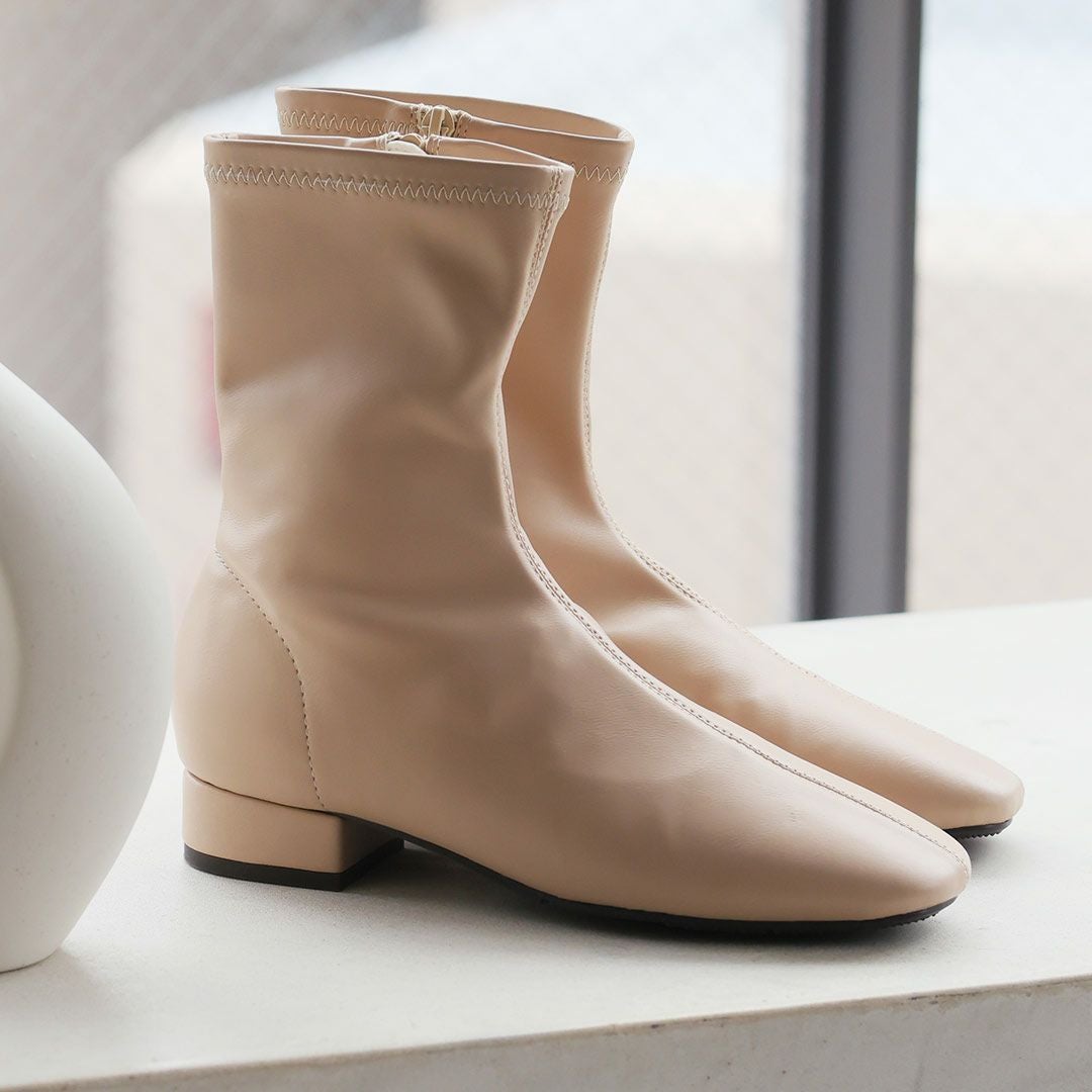 3cmヒール/スクエアトゥローヒールストレッチミドルブーツ ｜靴