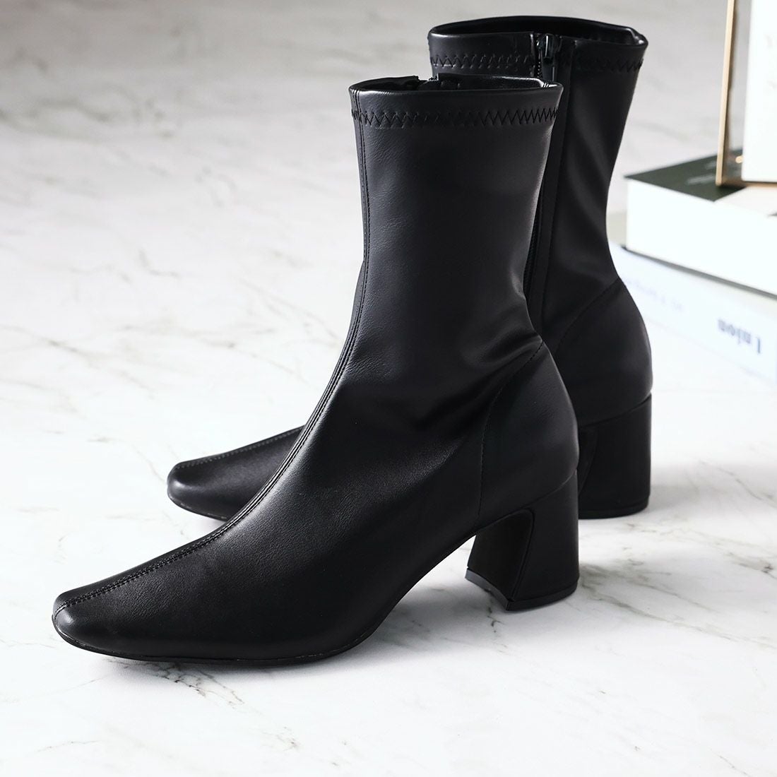 スクエアトゥチャンキーヒールストレッチミドルブーツ ｜靴