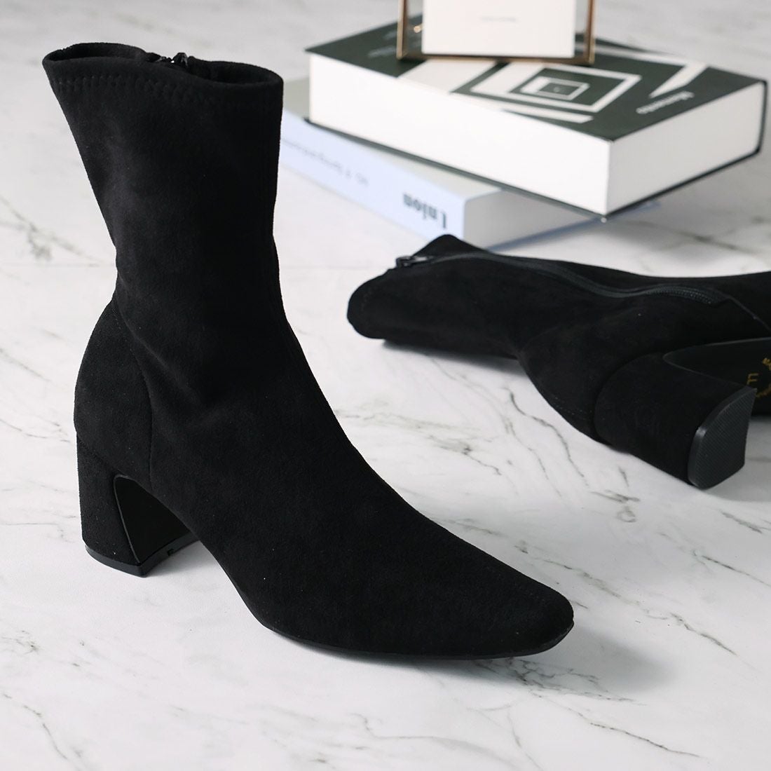 スクエアトゥチャンキーヒールストレッチミドルブーツ ｜靴