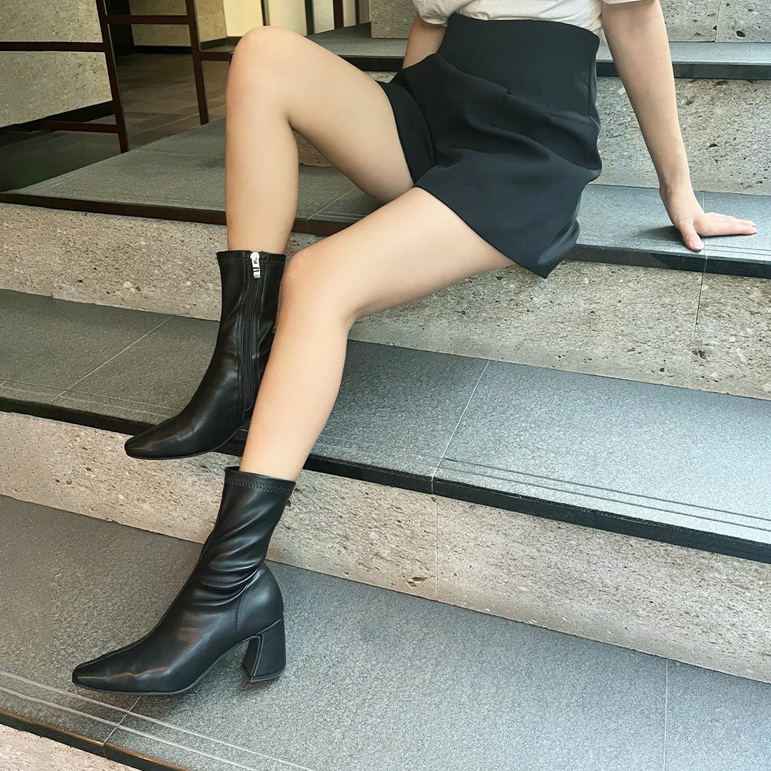 スクエアトゥチャンキーヒールストレッチミドルブーツ ｜靴