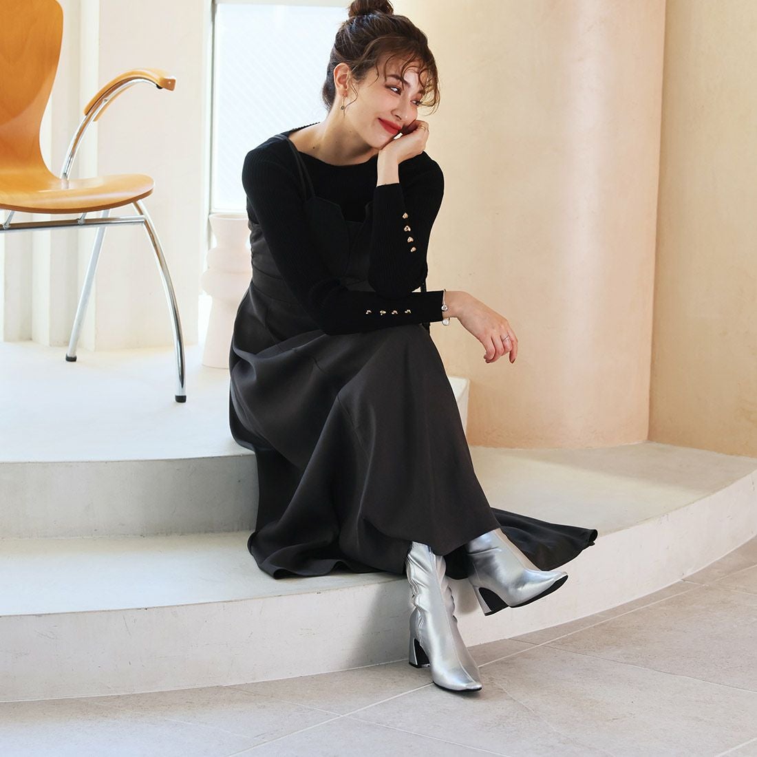 スクエアトゥチャンキーヒールストレッチミドルブーツ ｜靴