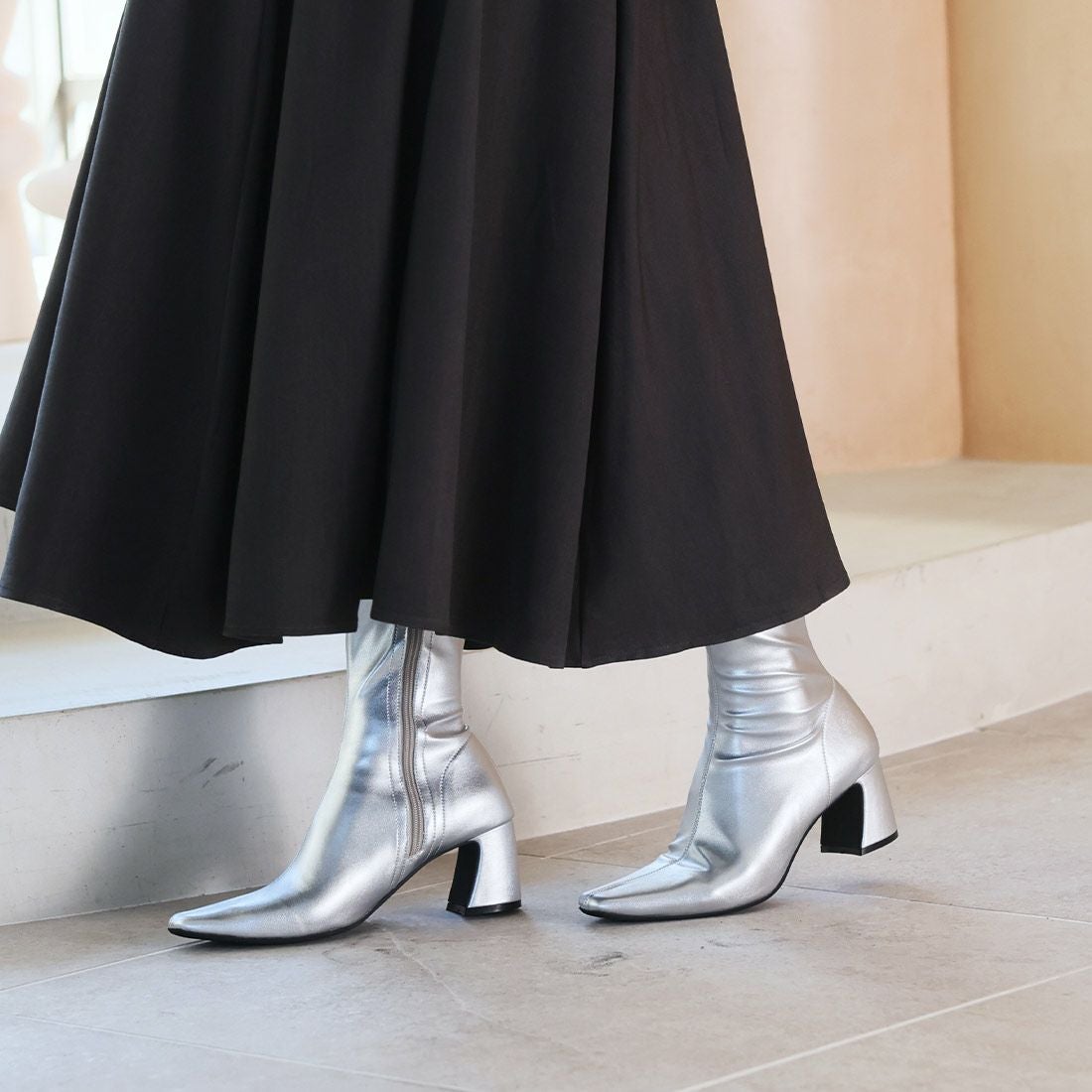 スクエアトゥチャンキーヒールストレッチミドルブーツ ｜靴