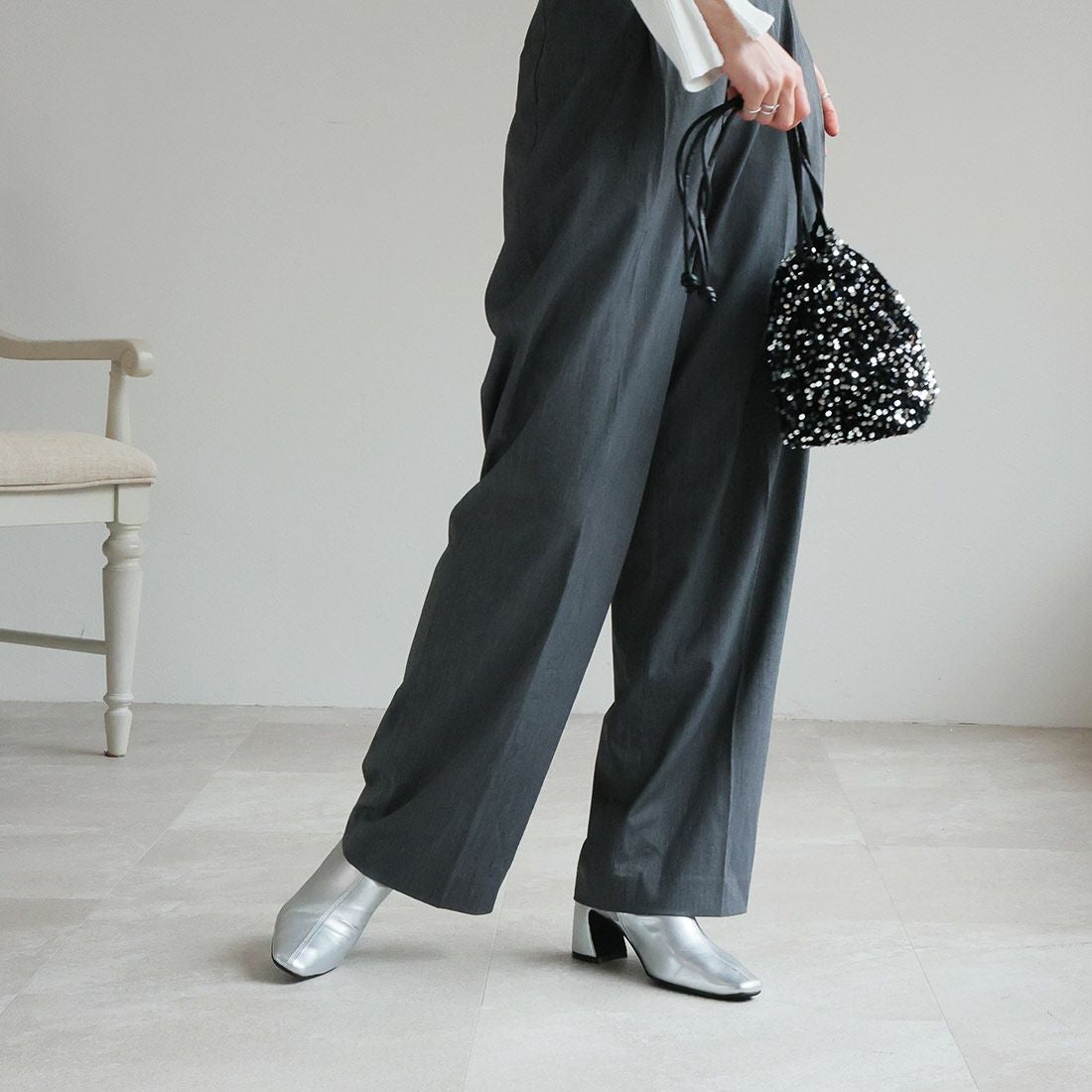 スクエアトゥチャンキーヒールストレッチミドルブーツ ｜靴