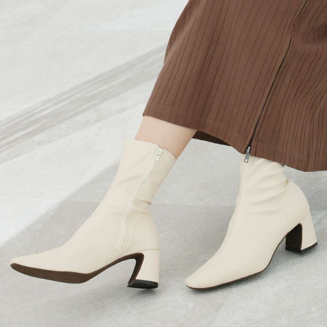 スクエアトゥチャンキーヒールストレッチミドルブーツ ｜靴