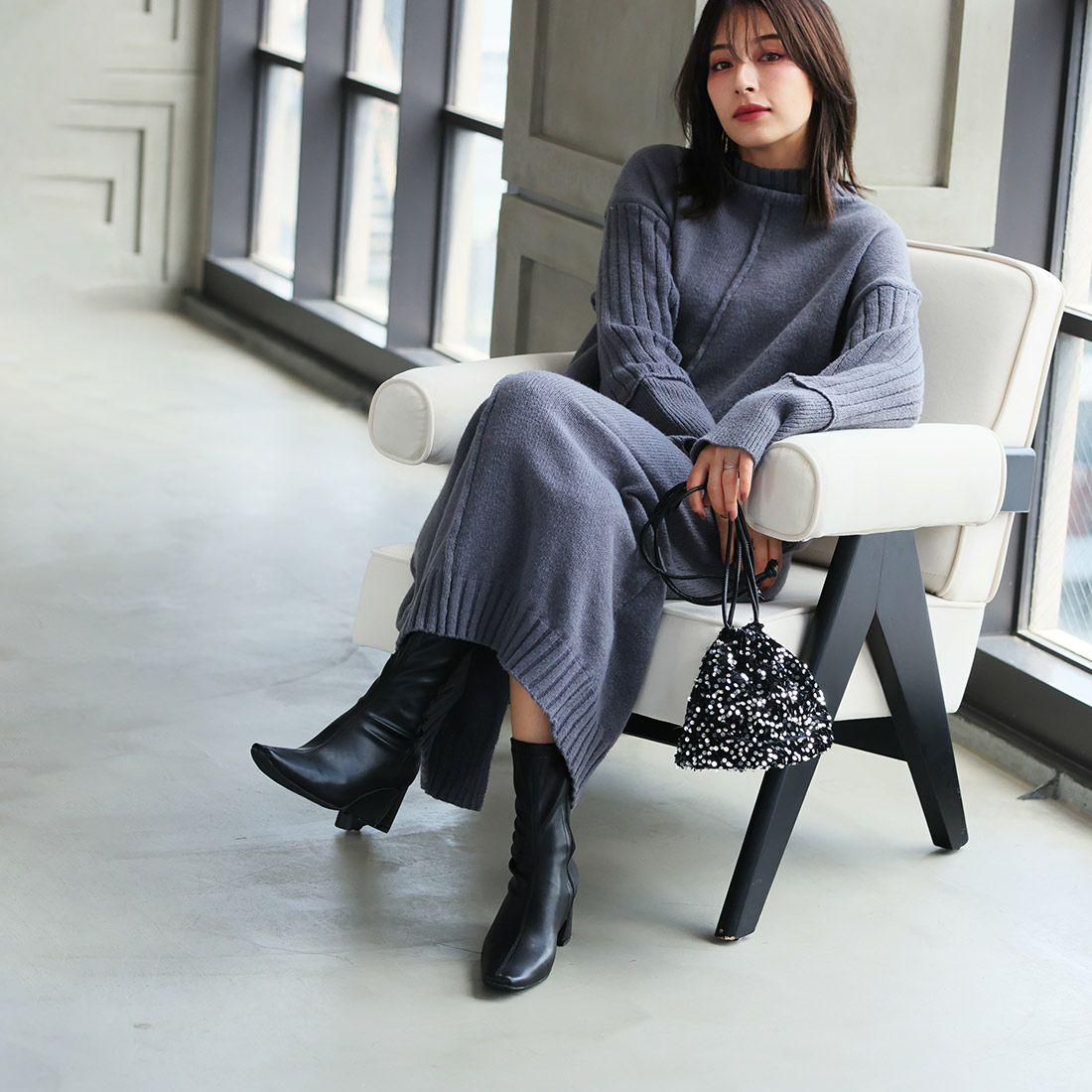 スクエアトゥチャンキーヒールストレッチミドルブーツ ｜靴