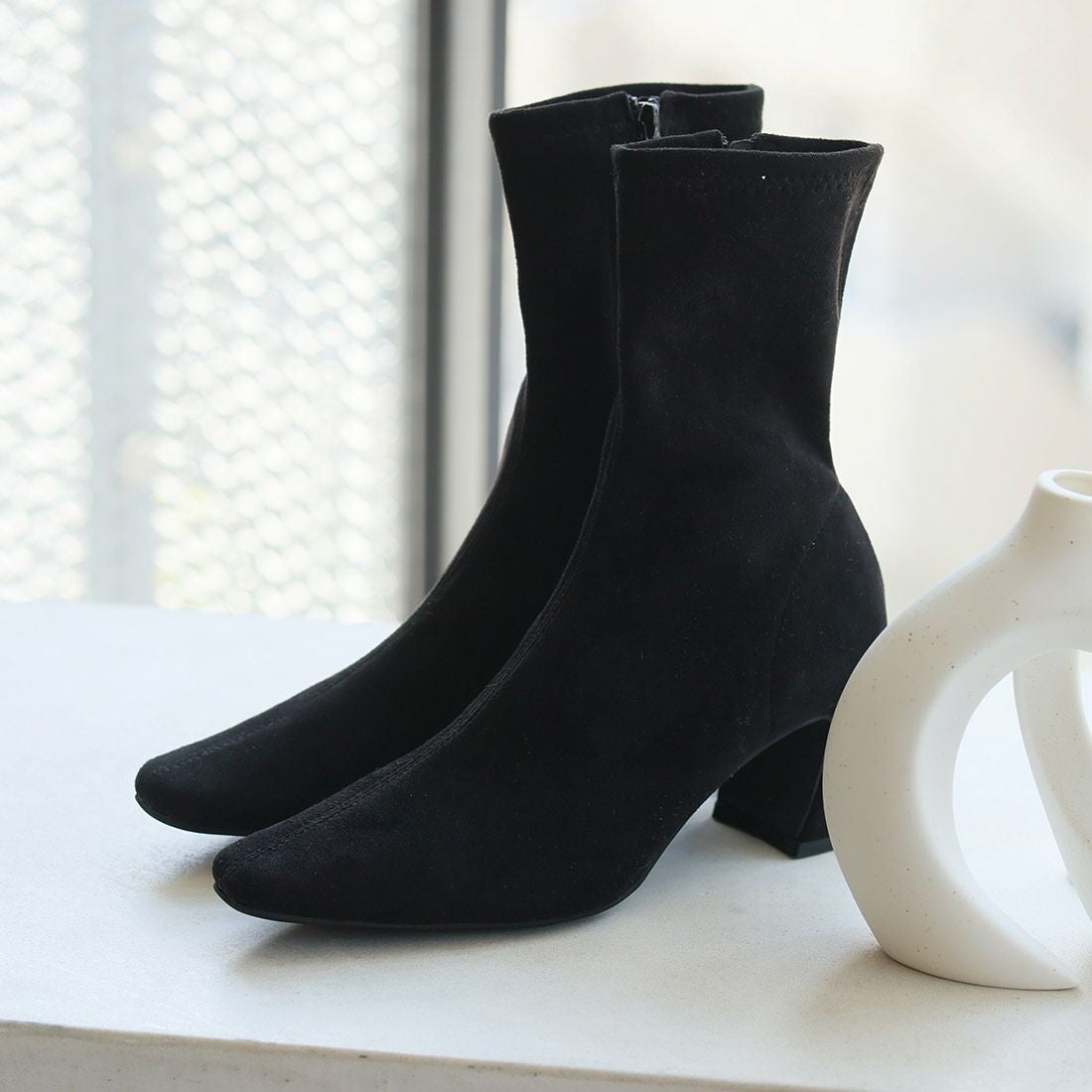 スクエアトゥチャンキーヒールストレッチミドルブーツ ｜靴