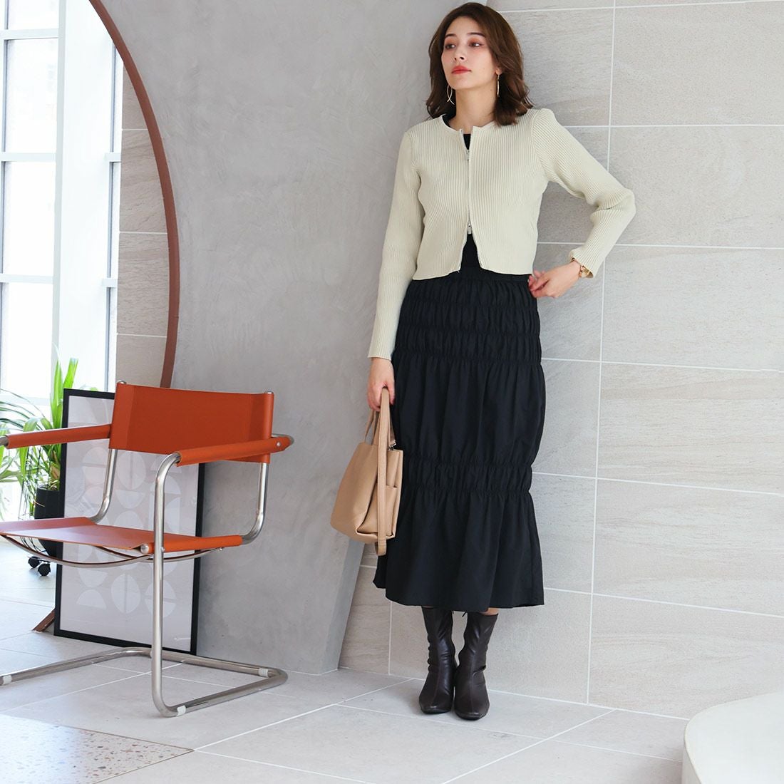 スクエアトゥチャンキーヒールストレッチミドルブーツ ｜靴